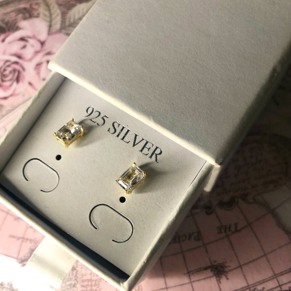 Emerald Cut CZ diamond Earrings-Real 14k gold plated Sterling Silver.